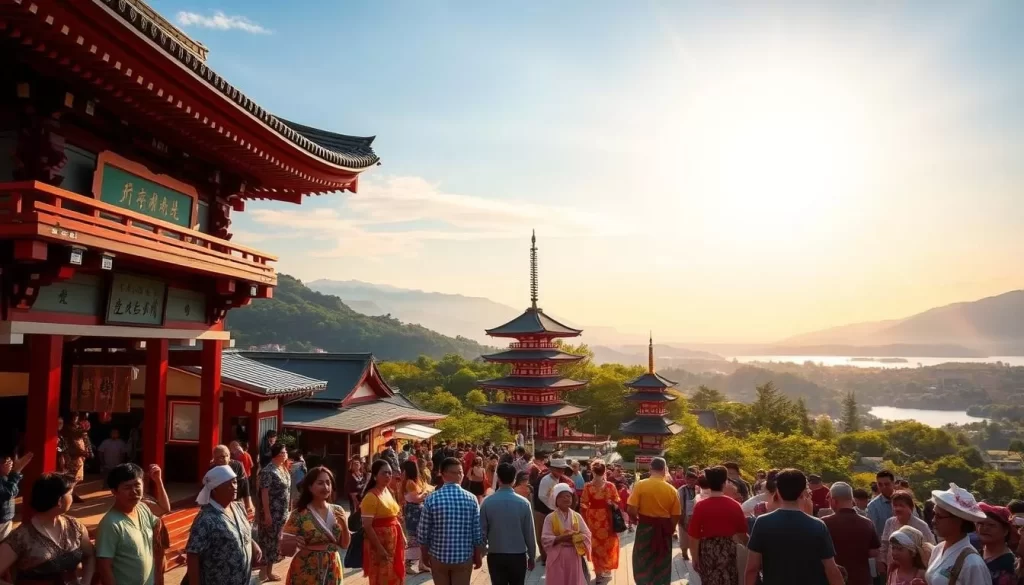 A lively scene of Shimane Prefecture's vibrant festivals and attractions under a warm, golden afternoon sun. In the foreground, locals in colorful traditional attire dance and perform in a bustling festival. In the middle ground, intricate shrines and pagodas stand amidst lush greenery. The background features picturesque landscapes, with rolling hills, serene lakes, and majestic mountains. The overall atmosphere is one of joyous celebration, cultural heritage, and natural beauty, inviting the viewer to immerse themselves in the unique charms of this Japanese region.