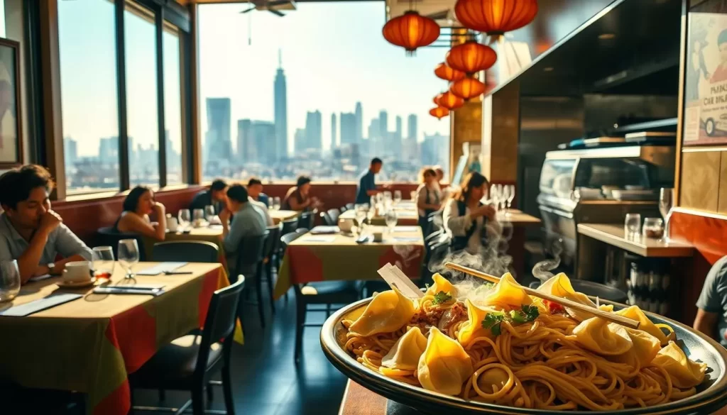 A lively scene of a bustling Chinese restaurant in the heart of Los Angeles, bathed in warm sunlight filtering through large windows. Tables adorned with vibrant tablecloths and delicate chopsticks await eager diners. In the foreground, a platter of steaming dumplings and noodle dishes takes center stage, their aroma wafting through the air. The middle ground reveals the busy kitchen, chefs skillfully preparing an array of regional Chinese specialties. The background showcases the iconic Los Angeles skyline, a testament to the city's diverse culinary landscape. Capture the energy, flavors, and cultural richness of Chinese cuisine thriving in this dynamic metropolis.