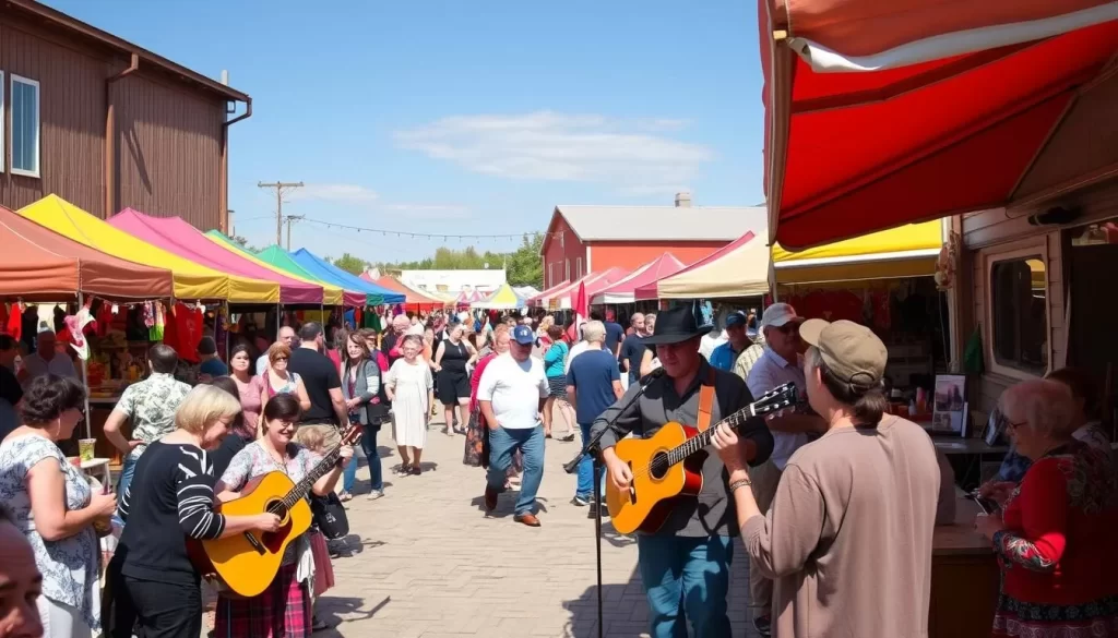 A lively scene of local culture unfolds in the heart of Russell, Manitoba. A bustling town square is filled with vibrant stalls, showcasing handmade crafts, artisanal treats, and traditional performances. Colorful tents and awnings dot the landscape, casting warm hues across the gathering crowd. In the foreground, a group of musicians play lively folk tunes, their instruments creating a rhythmic backdrop to the laughter and chatter of the attendees. Families and friends mingle, exchanging stories and sampling local delicacies. The overall atmosphere exudes a sense of community, celebration, and pride in the rich cultural heritage of this small prairie town.