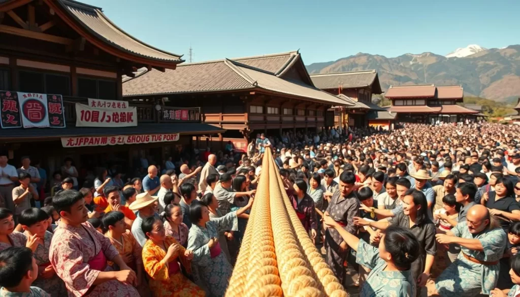 A lively scene of the Sendai Great Tug-of-War, a centuries-old festival in Japan's Kagoshima Prefecture. Capture the massive crowd gathered on a sunny day, their vibrant kimonos and yukata contrasting against the traditional wooden structures in the background. Focus on the central rope, thick and taut, as hundreds of participants strain to pull with all their might, their faces determined and muscles rippling. Utilize a wide-angle lens to showcase the scale and energy of the event, with the surrounding mountains visible in the distance, casting a golden glow over the entire spectacle.