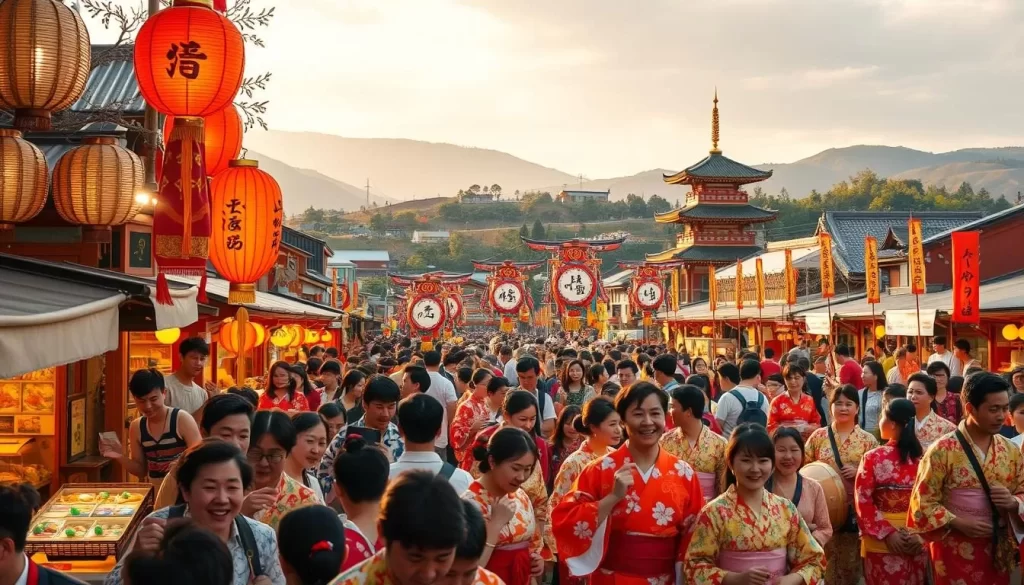 A lively scene of traditional Japanese festivals in Ehime Prefecture, showcasing vibrant yukata-clad revelers, colorful lanterns, and energetic taiko drum performances. The foreground features a bustling crowd of locals and visitors joyfully participating in lively dances and parades, their expressions filled with excitement. The middle ground reveals elaborately decorated festival floats and stalls selling local street food and crafts. In the background, a picturesque landscape of rolling hills and historic temples sets the stage for this cultural celebration. The warm, golden lighting and a sense of festive atmosphere create a welcoming and immersive experience, capturing the spirit of Ehime's rich cultural heritage.