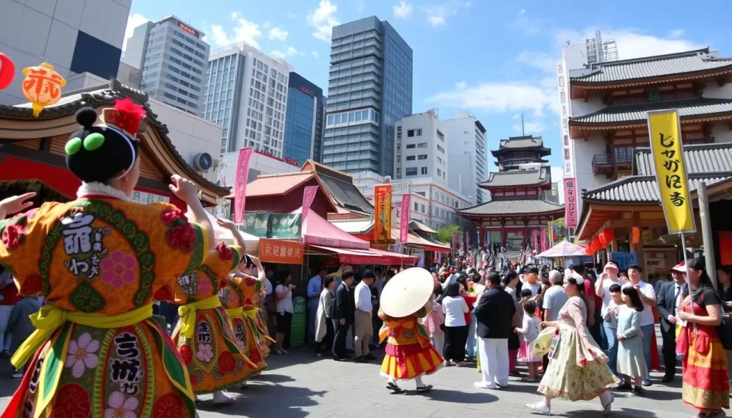 A lively spring festival in Fukuoka City, Japan. In the foreground, colorfully dressed dancers perform traditional Hakata Dontaku dances, their vibrant costumes and movements capturing the energy of the celebration. In the middle ground, lantern-adorned food stalls and small stages host live music and cultural demonstrations, drawing in a bustling crowd of locals and visitors. The background features the distinctive architecture of Fukuoka, with modern high-rises and historic shrines blending together under a bright, sun-dappled sky. The scene conveys the joyous atmosphere and rich cultural heritage of Fukuoka's springtime festivals.