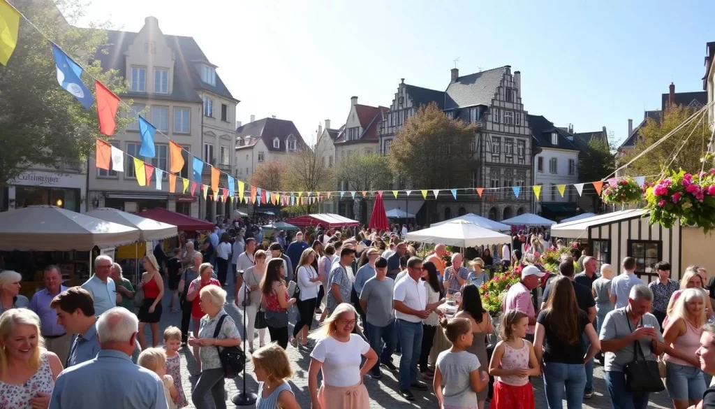 A lively spring festival in Luxembourg's charming town center. Colorful flags and banners flutter in the warm breeze, as crowds gather to celebrate the arrival of warmer days. A bustling marketplace showcases local crafts, food stalls, and vibrant floral displays. In the background, historic buildings and cobblestone streets create a picturesque setting. People of all ages mingle, laughing and chatting, while children play games and dance to live music. Sunlight filters through the trees, casting a soft, golden glow over the joyful scene. The atmosphere is one of communal celebration, as the town embraces the renewal of spring.