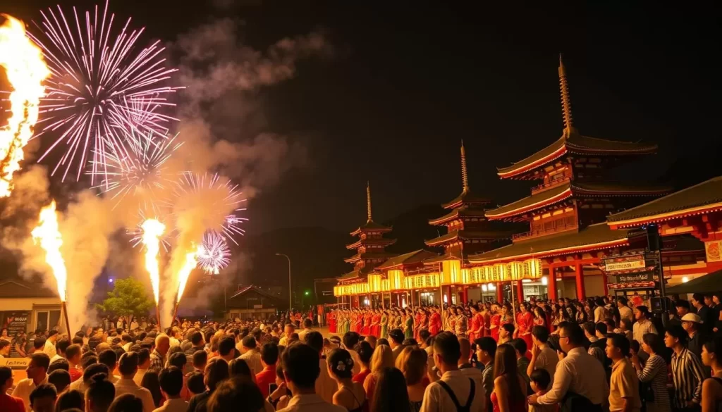 A lively summer festival in Gifu, Japan, with traditional Japanese dancers performing amidst a spectacular display of colorful fireworks lighting up the night sky. In the foreground, a crowd of onlookers gathers around a central stage, their faces aglow with the warm flames of giant torches. In the middle ground, a parade of elaborately dressed performers carrying ornate lanterns weaves through the streets, their vibrant costumes and graceful movements capturing the festive spirit. The background features the silhouettes of ancient temples and shrines, their roofs and pagodas rising against a backdrop of a clear, starry night. The entire scene is bathed in a warm, golden light, creating a sense of excitement and wonder.