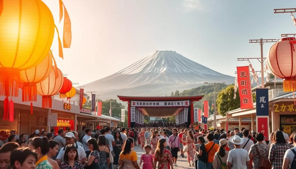 A lively summer festival in the heart of Iwate Prefecture, Japan. Colorful crowds gather under a warm, golden sun, strolling past vibrant food stalls and traditional dance performances. In the foreground, intricate lanterns and paper streamers sway gently in a soft breeze, casting a cozy glow. The middle ground features a grand stage adorned with banners, where locals in vibrant yukatas and happi coats rhythmically move to the beat of taiko drums. In the background, the iconic Mount Iwate rises majestically, its snow-capped peak a serene contrast to the festive energy below. An atmospheric, immersive scene capturing the essence of summer celebrations in Iwate.