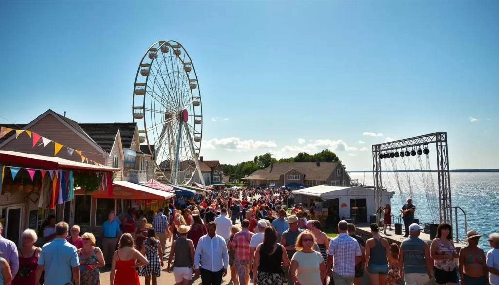A lively summer festival in the historic seaside town of St. Malo, Manitoba. In the foreground, a crowd of colorfully dressed attendees strolls along a bustling marketplace, browsing handcrafted goods and sampling local cuisine. In the middle ground, a towering Ferris wheel spins against a backdrop of quaint heritage buildings, their facades adorned with fluttering banners and twinkling lights. In the distance, the shimmering waters of Lake Winnipeg stretch out, framed by a cloudless azure sky. Warm sunlight casts a golden glow, accentuating the festive atmosphere as musicians perform on a nearby stage, drawing onlookers to dance and celebrate.