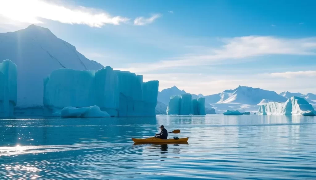 A lone kayaker navigates the serene, turquoise waters of the Arctic, surrounded by towering icebergs and a rugged, snow-capped landscape. The sunlight filters through wispy clouds, casting a warm glow over the scene. In the foreground, the kayak's reflection ripples on the calm surface, while in the middle ground, distant mountains rise majestically. The background is dominated by a vast, crystalline sky, hinting at the grandeur and isolation of this remote, untamed wilderness. The composition captures the adventurous spirit and tranquility of outdoor pursuits in the Arctic, perfectly suited for the "Outdoor Adventures in All Seasons" section of the article.