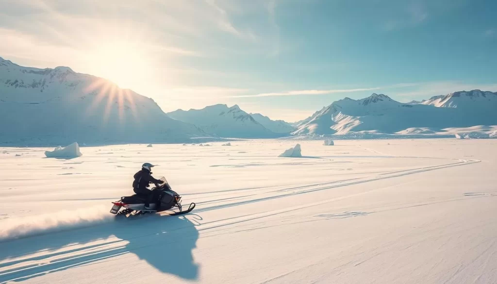 A lone snowmobile cutting through a pristine Arctic landscape, surrounded by towering snow-capped mountains and sprawling glaciers. The sun's rays gently illuminate the icy terrain, casting a soft, ethereal glow. In the foreground, the sleek, powerful machine carves through the untouched snow, leaving a trail of fresh tracks behind. The rider, bundled in warm winter gear, navigates the vast, untamed wilderness with a sense of adventure and wonder. The middle ground reveals a vast expanse of undulating snow fields, dotted with jagged ice formations and the occasional glimpse of a frozen lake. In the distance, the rugged, untamed peaks of the Arctic mountains rise majestically, their sharp silhouettes cutting against the vibrant, azure sky. The scene evokes a sense of isolation, tranquility, and the pure, raw power of nature.