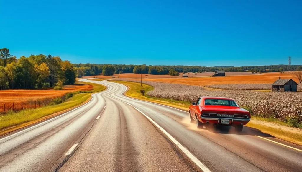 A long, winding two-lane highway cutting through the lush, rolling hills of rural Mississippi. Sunlight filters through the trees, casting a warm, golden glow over the asphalt. In the distance, a classic American muscle car cruises along, kicking up a trail of dust. The horizon is dotted with sprawling cotton fields and the occasional dilapidated barn, evoking a sense of timeless Americana. The sky is a deep, cloudless blue, creating a picturesque backdrop for this quintessential "blues highway" scene. Capture the tranquil, nostalgic atmosphere of a leisurely road trip through the heart of the Mississippi Delta.