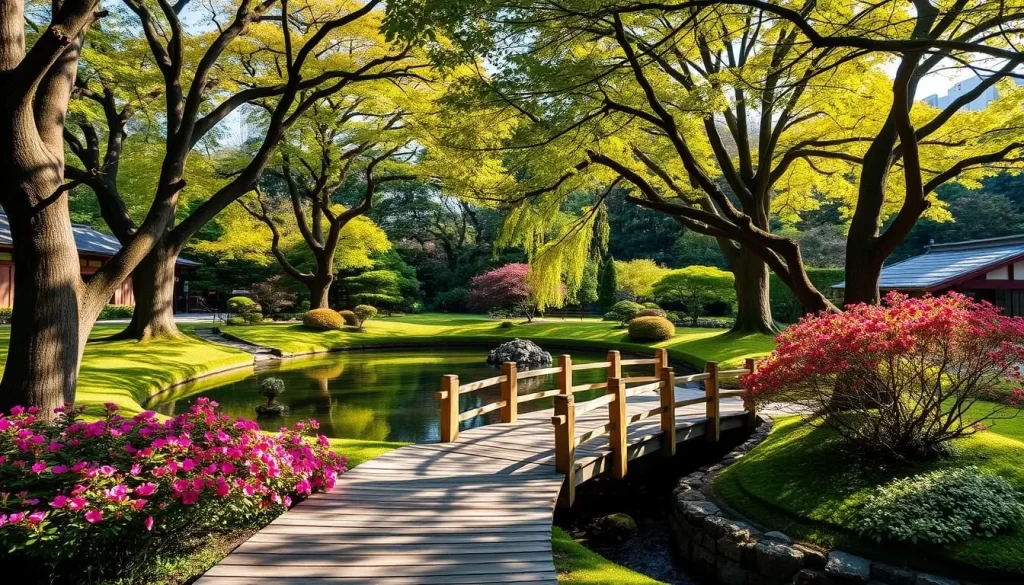 A lush and serene Mori Garden in the heart of Minato-ku, Tokyo. Towering maple trees cast gentle shadows across the meticulously manicured landscape, with a central pond reflecting the beauty of the surrounding flora. Vibrant azaleas and cherry blossoms dot the scene, complemented by the soothing sound of a nearby stream. A wooden footbridge leads visitors through this tranquil oasis, inviting them to pause and immerse themselves in the calming essence of traditional Japanese garden design. Warm natural light filters through the leaves, creating a welcoming atmosphere perfect for a leisurely stroll or a quiet moment of contemplation.
