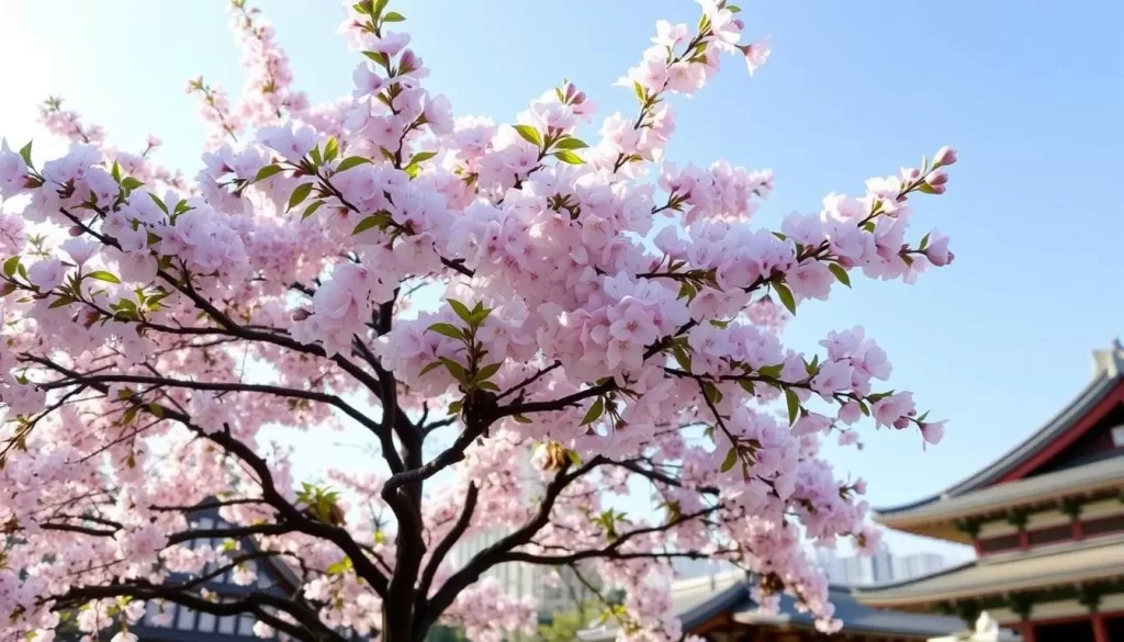 A lush, blooming cherry blossom tree in Adachi-ku, Tokyo, on a picturesque spring day. The delicate, pink petals sway gently in the soft breeze, creating a serene and ethereal atmosphere. The tree is positioned in the foreground, with a background of traditional Japanese architecture and a clear, blue sky. The lighting is warm and natural, casting a gentle glow on the scene. Capture the tranquility and beauty of this iconic Japanese landscape, perfect for showcasing the best time to visit Adachi-ku.