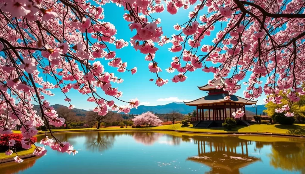 A lush garden in Fukushima Prefecture, Japan, bathed in the warm glow of a spring afternoon. Delicate pink cherry blossoms sway gently on graceful branches, their petals drifting lazily through the air. In the foreground, a tranquil pond reflects the breathtaking floral display, creating a mesmerizing sense of harmony. The middle ground features a traditional Japanese pavilion, its elegant architecture complementing the natural beauty surrounding it. In the distance, rolling hills and a clear blue sky complete the idyllic scene, conveying a serene, weather-savvy atmosphere perfect for a peaceful stroll.