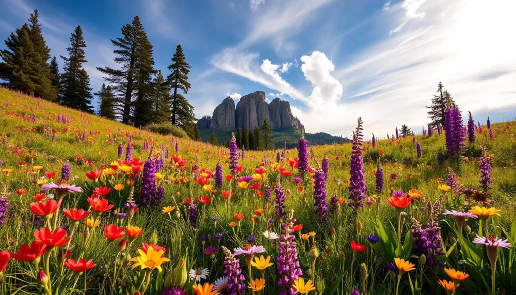 A lush meadow carpeted with vibrant wildflowers in Cedar Breaks National Monument, Utah. In the foreground, a colorful tapestry of blooming paintbrush, columbine, and lupine sway gently in a soft breeze. The middle ground reveals a rocky outcrop framed by towering pines, creating a stunning natural backdrop. Sunlight filters through wispy clouds, casting a warm, golden glow over the scene. The overall atmosphere is one of serene tranquility, inviting the viewer to pause and immerse themselves in the beauty of this alpine wonderland.