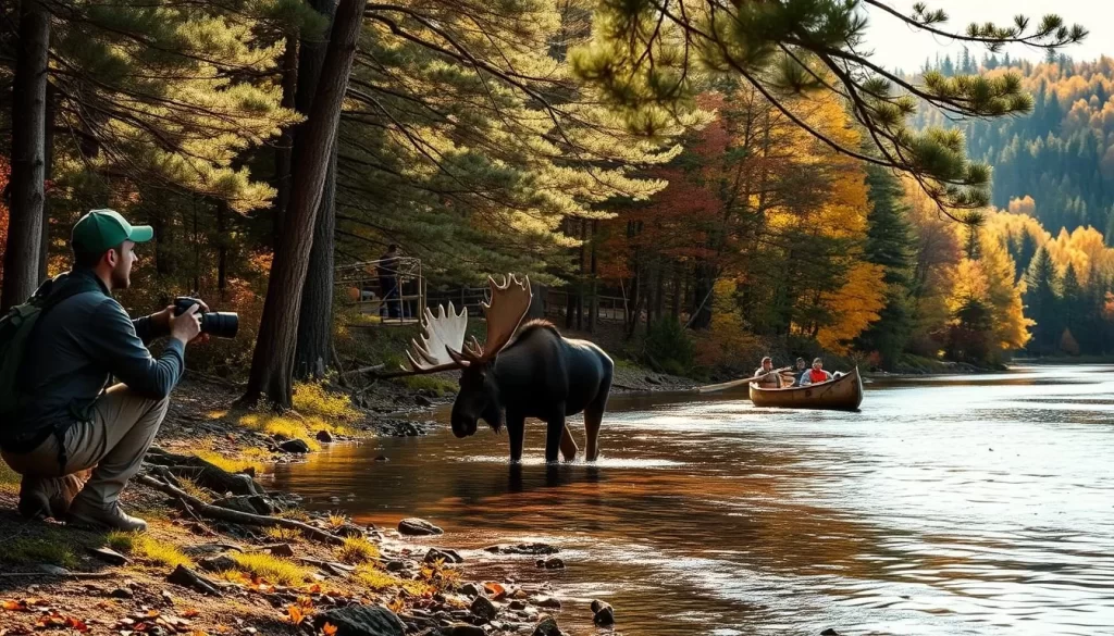 A lush riverbank along the Allagash Wilderness Waterway in Maine. In the foreground, a photographer kneels, their camera trained on a majestic moose wading through the shallow waters. Dappled sunlight filters through the dense canopy of towering pines, casting a warm glow on the scene. In the middle ground, a birch-bark canoe drifts quietly, its occupants scanning the shores for signs of wildlife. The background reveals the winding Allagash River, its surface reflecting the vibrant autumnal hues of the surrounding forest. An atmosphere of tranquility and natural splendor pervades the idyllic wildlife photography setting.