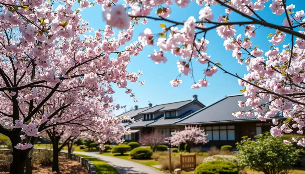 A lush spring scene in Miyagi Prefecture, Japan. A tranquil garden path is adorned with delicate pink cherry blossoms in full bloom, their petals gently falling like a soft, ethereal snowfall. The trees cast a beautiful dappled light, creating a serene and romantic atmosphere. In the background, a row of traditional Japanese buildings with tiled roofs stand calmly, framed by a clear blue sky. The scene conveys the mild, pleasant temperatures and the natural beauty of springtime in this picturesque region.