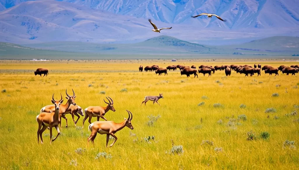 A lush, sun-dappled meadow on Antelope Island, Utah, teeming with diverse wildlife. In the foreground, a herd of graceful pronghorn antelope graze peacefully, their sleek tan coats shimmering in the warm light. In the middle ground, a lone coyote trots through the tall grasses, its alert gaze scanning the landscape. In the distance, a flock of majestic bison lazily ruminate, their massive frames silhouetted against the rugged, windswept hills. Overhead, a bald eagle soars effortlessly, its sharp eyes seeking out prey. The scene captures the vibrant natural beauty and abundant wildlife of Antelope Island, a true haven for nature enthusiasts.