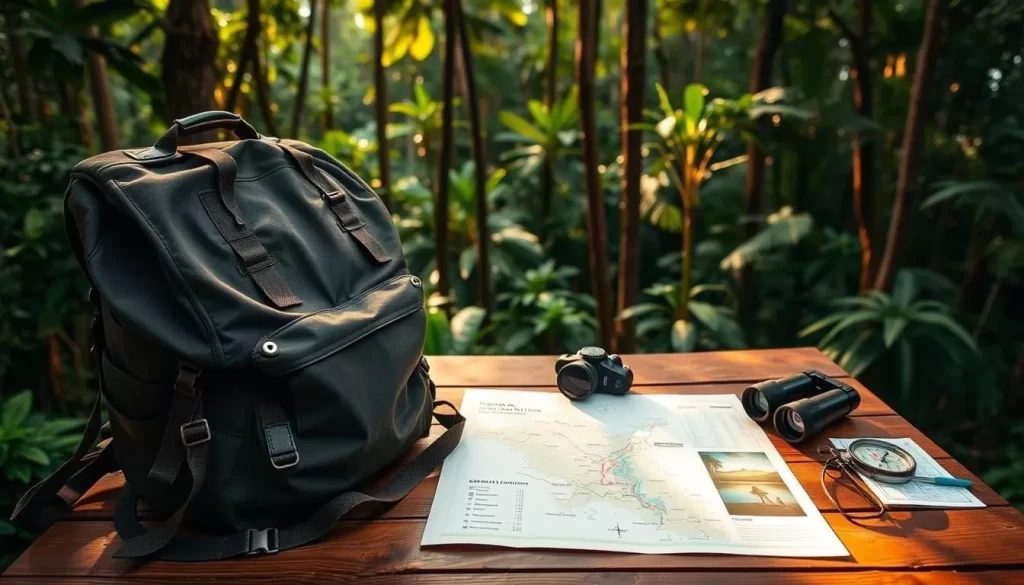 A lush, tropical forest backdrop sets the scene for a meticulously organized Corcovado National Park budget planning guide. In the foreground, a well-worn hiking backpack and a map of the park's trails and campsites rest on a wooden table, illuminated by warm, natural lighting filtering through the canopy above. Nearby, a trusty compass, binoculars, and a detailed itinerary convey the careful preparation required for this adventure. The overall atmosphere exudes a sense of exploration, discovery, and responsible budgeting for an unforgettable journey through Costa Rica's stunning Corcovado wilderness.