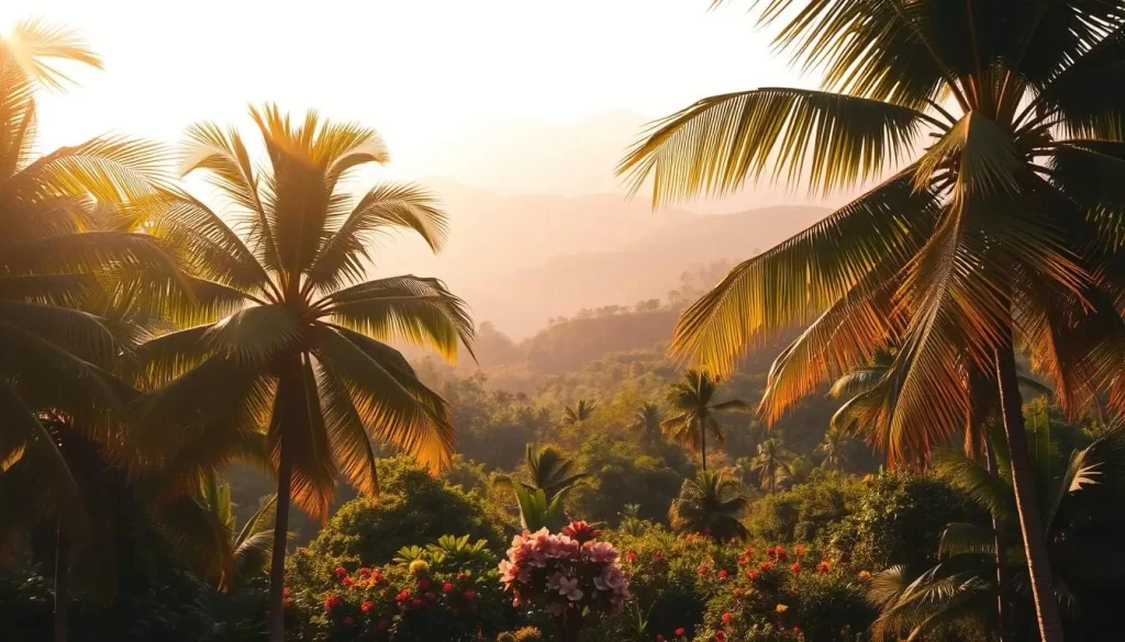 A lush tropical landscape bathed in warm, golden sunlight. In the foreground, vibrant palm trees sway gently in a light breeze, their fronds casting delicate shadows on the ground below. The middle ground is filled with a profusion of colorful flowers and foliage, creating a verdant, almost enchanted atmosphere. In the distance, rolling hills covered in dense, verdant jungle rise up, hazy and mysterious under the hazy tropical sky. The overall scene exudes a sense of tranquility and natural abundance, perfectly capturing the essence of Panama's tropical climate.