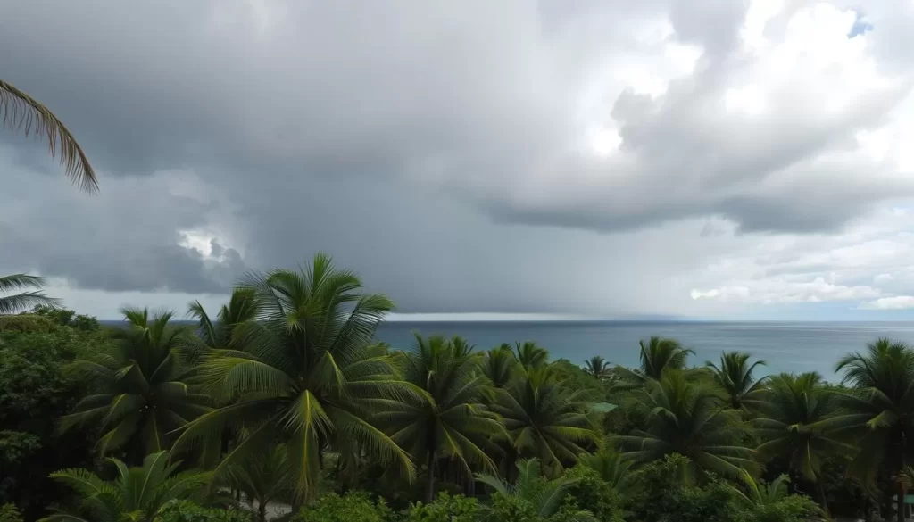 A lush, tropical landscape on a cloudy day in Okinawa, Japan. The dense foliage of palm trees sways gently in the warm breeze, their fronds casting dappled shadows across the ground. In the distance, dark storm clouds loom on the horizon, hinting at the approaching typhoon season. The calm before the storm is palpable, with a sense of anticipation and unease in the air. Capture the tranquil yet ominous atmosphere through a wide-angle lens, showcasing the natural beauty of Okinawa under the looming threat of severe weather.