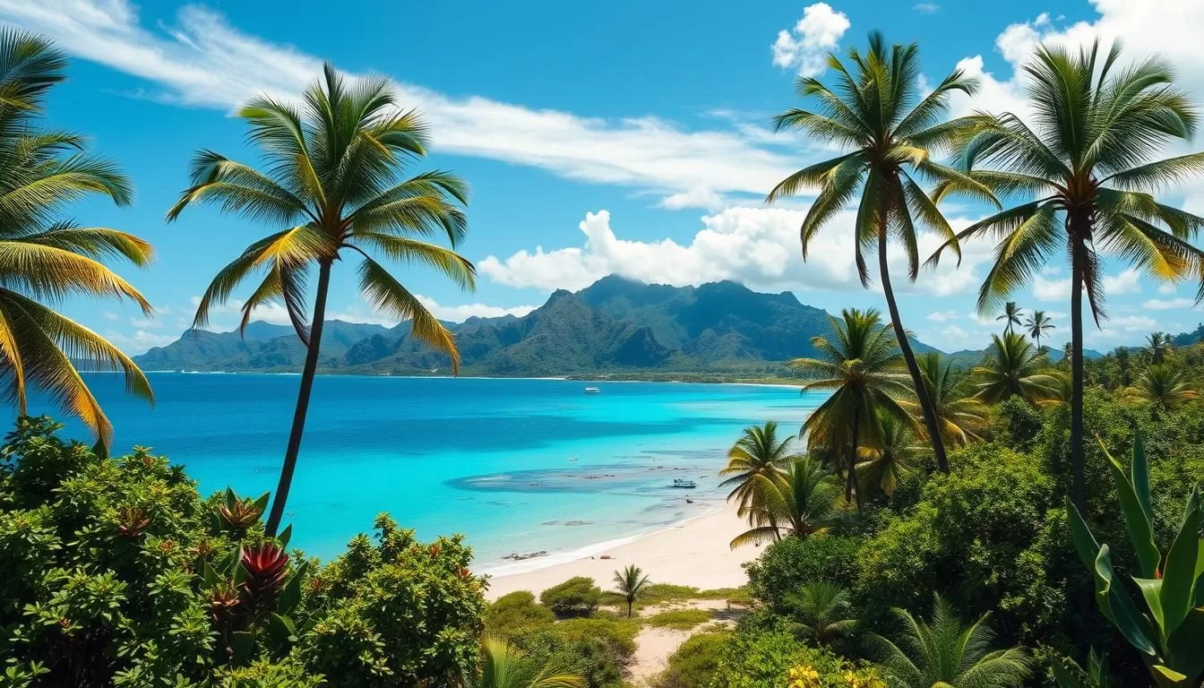 A lush tropical paradise, Mauritius' verdant landscape is alive with vibrant hues. Towering palms sway gently in the warm, balmy breeze, casting dappled shadows across the pristine white sand beaches. Crystalline azure waters lap at the shore, reflecting the brilliant sunlight overhead. In the distance, rugged, verdant mountains rise up, their peaks shrouded in wispy clouds. Exotic flora and fauna thrive in the humid, sun-drenched atmosphere, creating a sense of natural harmony. The scene exudes a tranquil, relaxed ambiance, inviting visitors to immerse themselves in the island's captivating tropical climate.