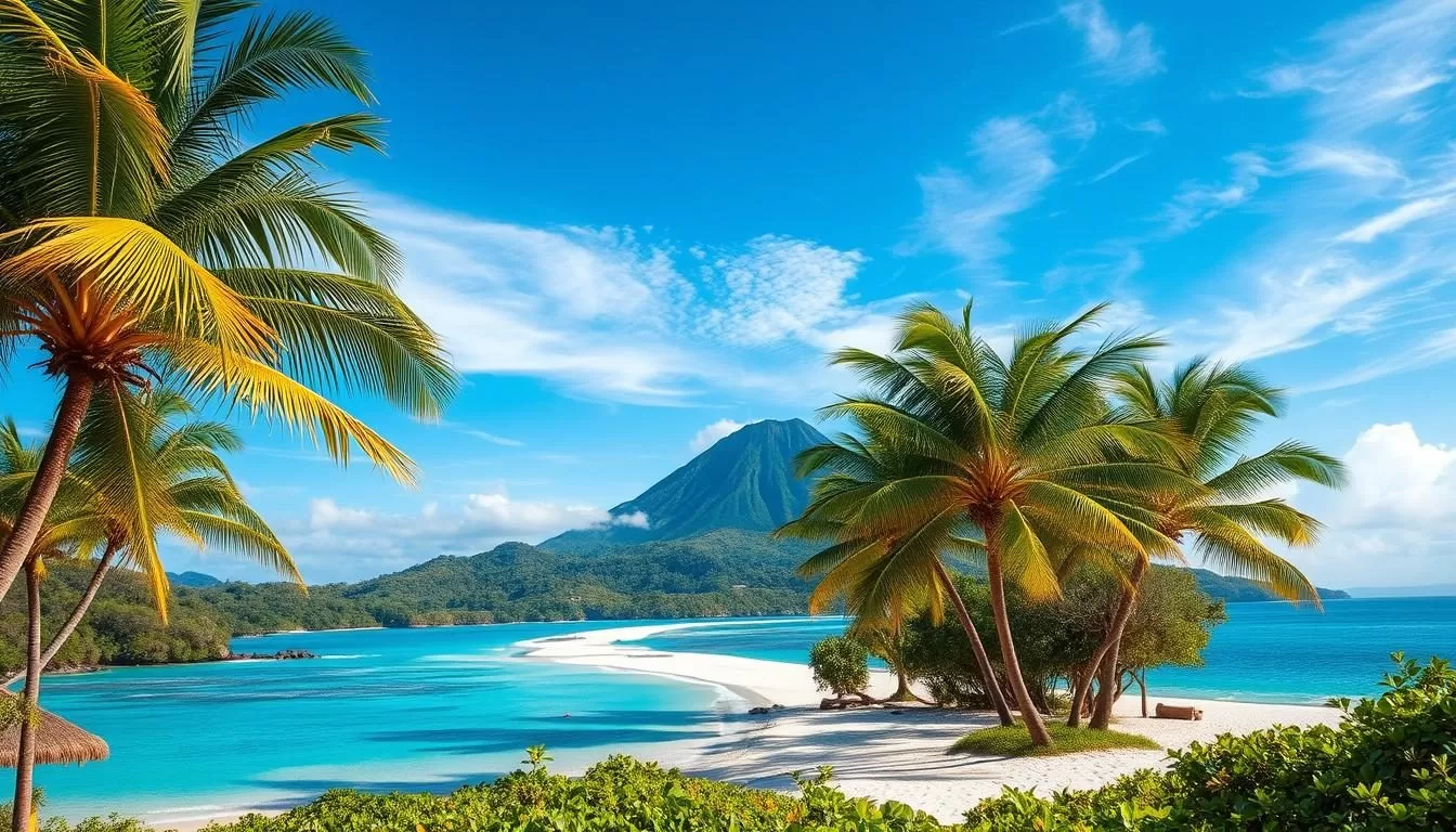 A lush tropical paradise, Mayotte's verdant landscape sprawls under a brilliant azure sky. Swaying palm trees cast dappled shadows on the powdery white sand beach, where turquoise waves gently lap the shore. In the distance, a volcanic peak juts skyward, its slopes cloaked in a patchwork of verdant foliage. Warm sunlight filters through wispy cirrus clouds, bathing the scene in a golden glow. The air is thick with the heady scent of exotic blooms and the salty tang of the sea. This idyllic tropical oasis beckons adventurers to explore its natural wonders.