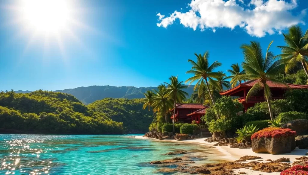 A lush tropical paradise, the Ryukyu Islands shimmer under a golden sun. Rolling hills blanketed in verdant foliage lead down to pristine white sand beaches, lapped by turquoise waters. In the foreground, vibrant coral reefs teeming with diverse marine life sway gently beneath the surface. Towering palm trees sway in the warm breeze, casting dappled shadows across the tranquil landscape. The middle ground features traditional Ryukyuan architecture, its red-tiled roofs and ornate details reflecting the region's rich cultural heritage. In the distance, the hazy silhouettes of lush, verdant mountains rise up against a brilliant azure sky, completing the idyllic island scene.