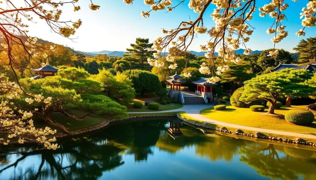 A lush, verdant East Garden of the Imperial Palace in Tokyo, bathed in warm, golden sunlight. In the foreground, a tranquil pond reflects the vibrant greenery of ancient trees and manicured shrubs. Delicate cherry blossoms drift lazily on the gentle breeze, adding soft pops of color. The middle ground showcases a winding path, flanked by ornate stone bridges and traditional Japanese architecture. In the distance, the background reveals a serene landscape of rolling hills and a clear blue sky, creating a sense of peace and harmony. The scene evokes a natural, calming oasis within the bustling city.