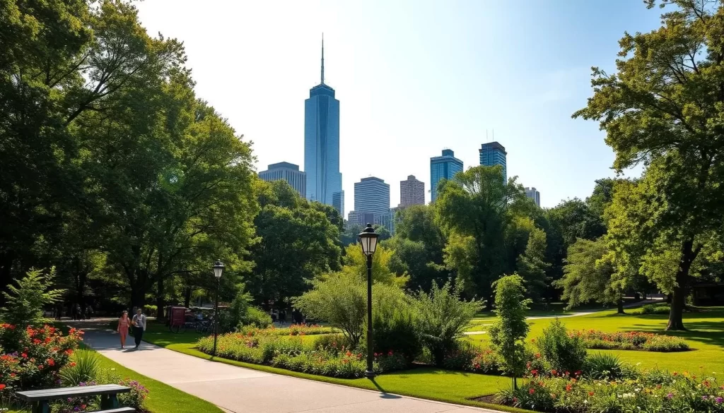A lush, verdant New York City park on a bright, sunny day. In the foreground, a winding path meanders through a tapestry of vibrant flowers and shady trees. Towering skyscrapers peek out in the background, creating a harmonious contrast between urban and natural elements. Joggers, cyclists, and strolling families populate the scene, basking in the tranquil ambiance. Soft, warm lighting filters through the canopy, casting a golden glow over the serene landscape. A picturesque haven for nature enthusiasts, this idyllic park offers a peaceful respite from the bustling city.