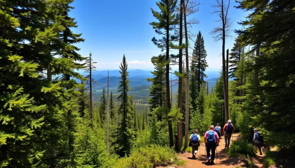 A lush, verdant forest of towering pine and birch trees, the sunlight dappling the winding hiking trails of Riding Mountain National Park. In the foreground, a group of hikers ascend a gentle incline, their backpacks and hiking poles suggesting a moderately challenging yet scenic route. The middle ground reveals a vista of rolling hills and distant peaks, hazy blue silhouettes against a clear, azure sky. The scene exudes a sense of tranquility and adventure, inviting the viewer to explore the diverse landscapes and outdoor experiences that Riding Mountain has to offer.