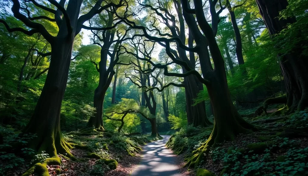 A lush, verdant forest on the island of Yakushima, Japan. Towering ancient cedar trees with twisted, gnarled trunks stretch towards the sky, their branches casting dappled shadows on the forest floor below. Sunlight filters through the dense canopy, illuminating the rich, mossy undergrowth and fallen leaves. In the foreground, a winding path leads deeper into the serene, mystical landscape, inviting the viewer to explore the natural wonder of this UNESCO World Heritage site. The scene exudes a sense of tranquility and timelessness, capturing the essence of Yakushima's enchanting forest ecosystem.