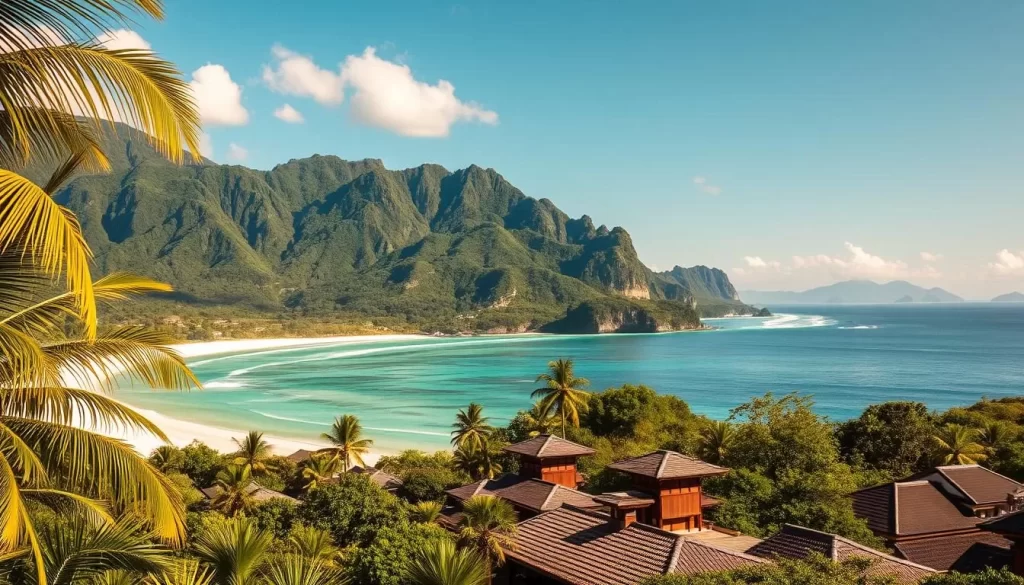 A lush, verdant island landscape on a sunny day, with towering green mountains and pristine, turquoise waters lapping at white sand beaches. In the foreground, swaying palm trees and tropical foliage set the tranquil, idyllic mood. The middle ground features traditional Japanese architecture, with tiled roofs and wooden structures nestled amongst the natural scenery. In the background, the rugged silhouettes of distant peaks rise up, creating a sense of depth and grandeur. The lighting is warm and golden, casting a soft, dreamy glow over the entire scene. Capture the essence of Amami Oshima Island, a hidden gem of Japan's Amami Gunto National Park.