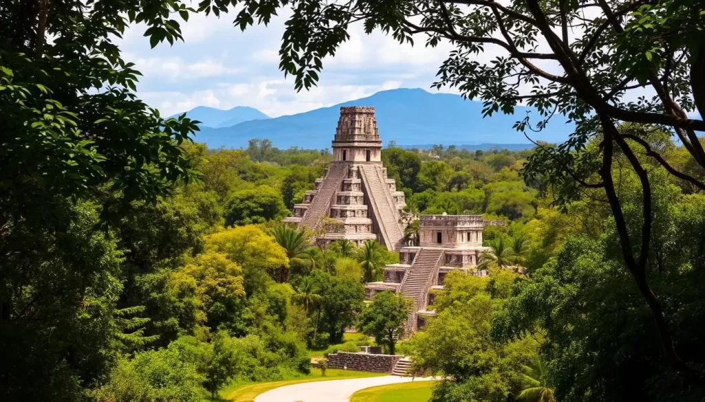 A lush, verdant jungle canopy frames the towering stone temples of Tikal, an ancient Mayan city nestled in the heart of Guatemala. Sunlight filters through the leaves, casting warm, golden hues on the intricate carvings and weathered facades. In the foreground, a meandering path winds through the archaeological site, inviting visitors to explore the rich history and architectural marvels of this UNESCO World Heritage site. The middle ground features the iconic pyramids and plazas, their sharp silhouettes standing in stark contrast to the surrounding foliage. In the distance, the misty blue mountains of the Petén region provide a breathtaking backdrop, completing the serene and awe-inspiring scene.