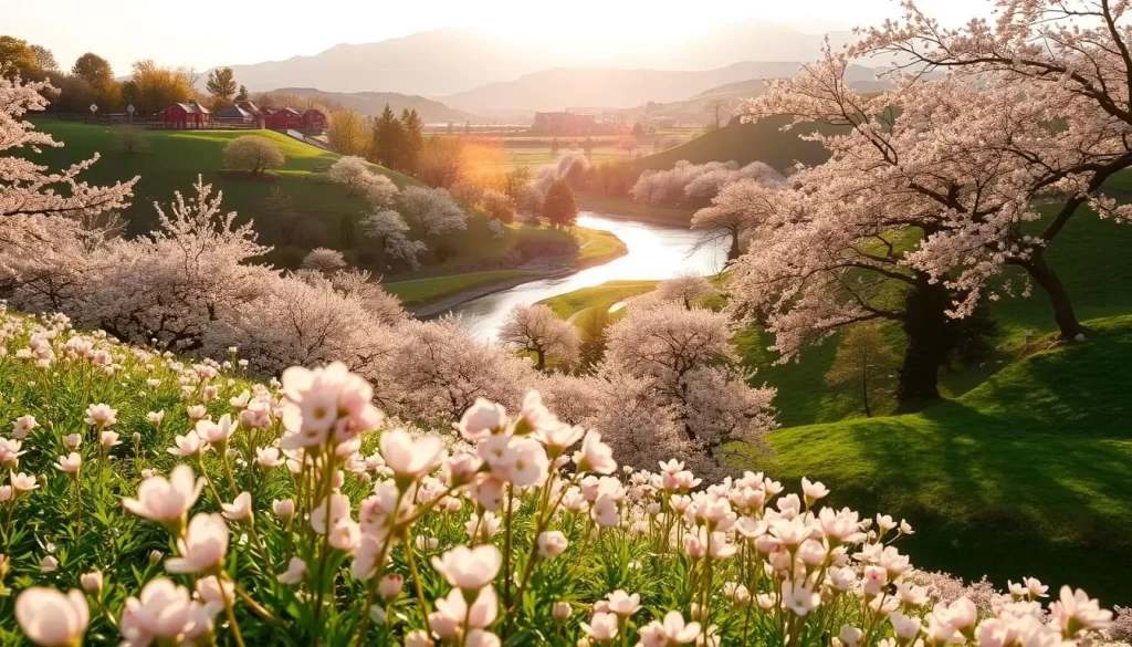 A lush, verdant landscape bathed in the soft, golden light of a spring afternoon in Tottori, Japan. In the foreground, a carpet of delicate, pale pink cherry blossoms carpets the ground, their petals gently swirling in the light breeze. In the middle ground, a serene river flows, its surface reflecting the vibrant hues of the surrounding cherry trees. In the background, rolling hills dotted with more blooming sakura trees create a picturesque scene, with the distant mountains providing a dramatic, snow-capped backdrop. The overall mood is one of tranquility, renewal, and the natural beauty of the Japanese countryside.