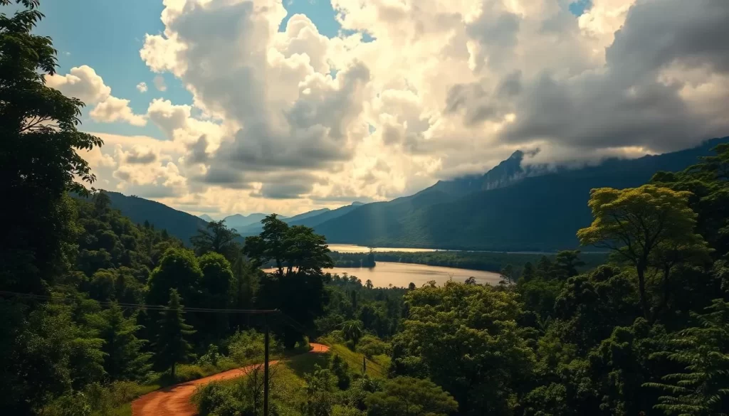 A lush, verdant landscape bathed in the warm, golden hues of the rainy season in Guatemala. In the foreground, a winding path meanders through a dense forest, with towering trees and vibrant foliage casting dappled shadows on the ground. In the middle ground, a shimmering lake reflects the dramatic, billowing clouds overhead, creating a serene and tranquil atmosphere. Tall, rugged mountains rise in the distance, their peaks shrouded in a soft, misty haze. The lighting is natural and diffused, creating a sense of calm and peacefulness throughout the scene. Capture the essence of Guatemala's rainy season with this picturesque landscape, showcasing the country's lush, verdant beauty.