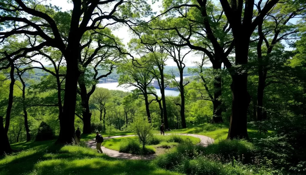 A lush, verdant landscape in Inwood Hill Park, New York City. Towering trees line the winding trails, casting gentle shadows on the tranquil paths below. Sunlight filters through the canopy, illuminating the vibrant foliage and wildflowers that dot the scene. In the distance, a glimpse of the serene Harlem River can be seen, its waters shimmering under the clear sky. Hikers and nature enthusiasts explore the peaceful oasis, immersed in the park's natural beauty and rich history. A picturesque representation of one of New York's most cherished green spaces.