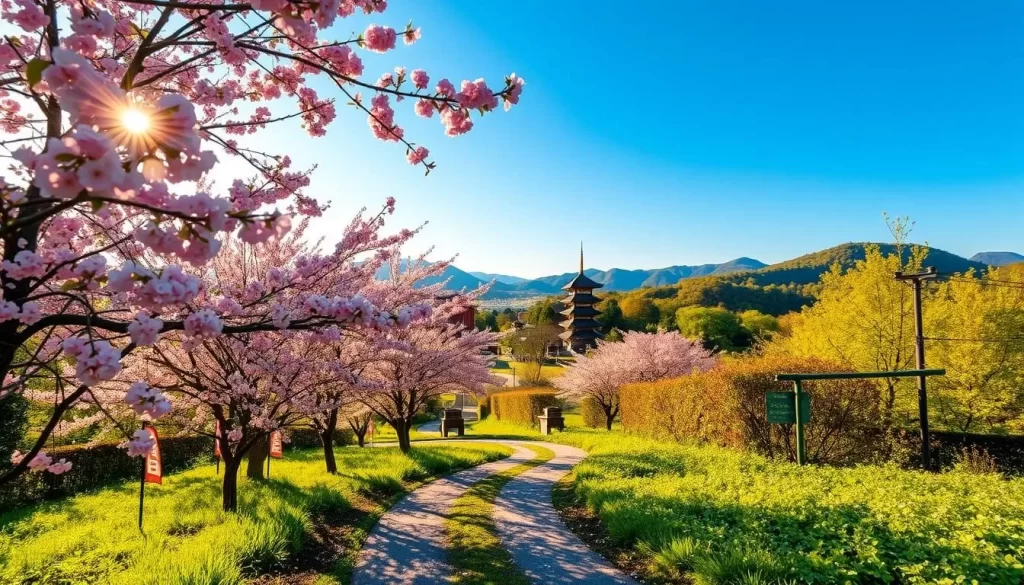 A lush, verdant landscape in Ishikawa Prefecture, Japan, during spring. In the foreground, a charming pathway winds through a grove of delicate cherry blossom trees, their pink petals gently raining down to carpet the ground. In the middle distance, traditional Japanese buildings and pagodas peek out from behind the vibrant foliage, bathed in warm, golden sunlight. The background showcases rolling hills and a clear, azure sky, creating a serene and picturesque scene. The atmosphere is one of tranquility and natural beauty, perfectly capturing the essence of springtime in this stunning region.