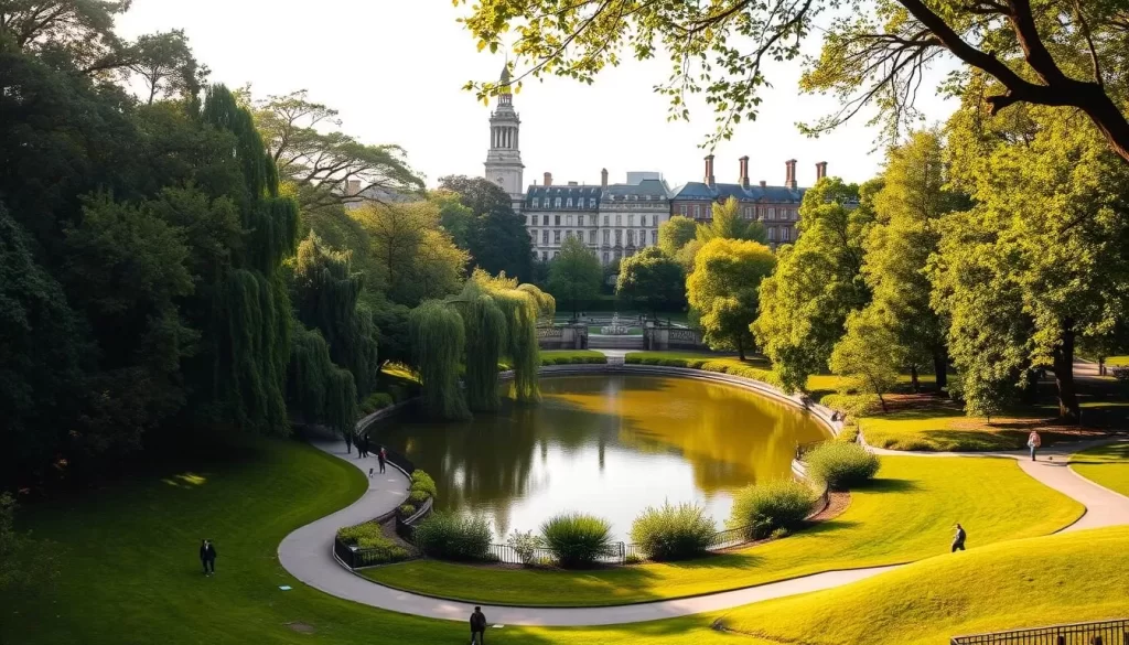 A lush, verdant landscape in the heart of central London, captured in a sweeping panoramic view. Manicured lawns and towering trees frame a serene pond, its still waters reflecting the surrounding architecture. Pedestrians stroll along winding paths, immersed in the tranquil atmosphere. Warm, diffused sunlight filters through the canopy, casting a gentle glow across the scene. The stately facades of historic buildings stand tall in the background, a testament to the city's rich heritage. This idyllic oasis, a true green respite within the bustling urban center, evokes a sense of calm and serenity.