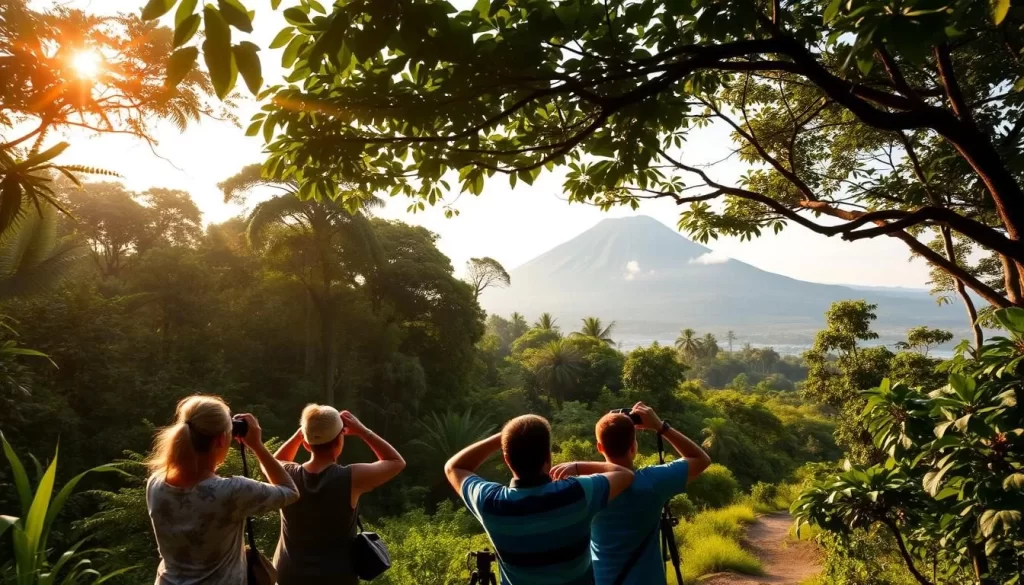 A lush, verdant landscape of Cerro Verde National Park in El Salvador. In the foreground, a group of avid birdwatchers with binoculars and cameras, intently observing the vibrant, diverse avian inhabitants. The middle ground features a winding trail leading deeper into the park, flanked by towering trees and colorful tropical foliage. In the background, the majestic silhouette of the Cerro Verde volcano rises, its slopes cloaked in mist. Warm, diffused sunlight filters through the canopy, creating a serene, almost magical atmosphere. The scene exudes a sense of tranquility and wonder, inviting the viewer to immerse themselves in the natural splendor of this ornithological paradise.