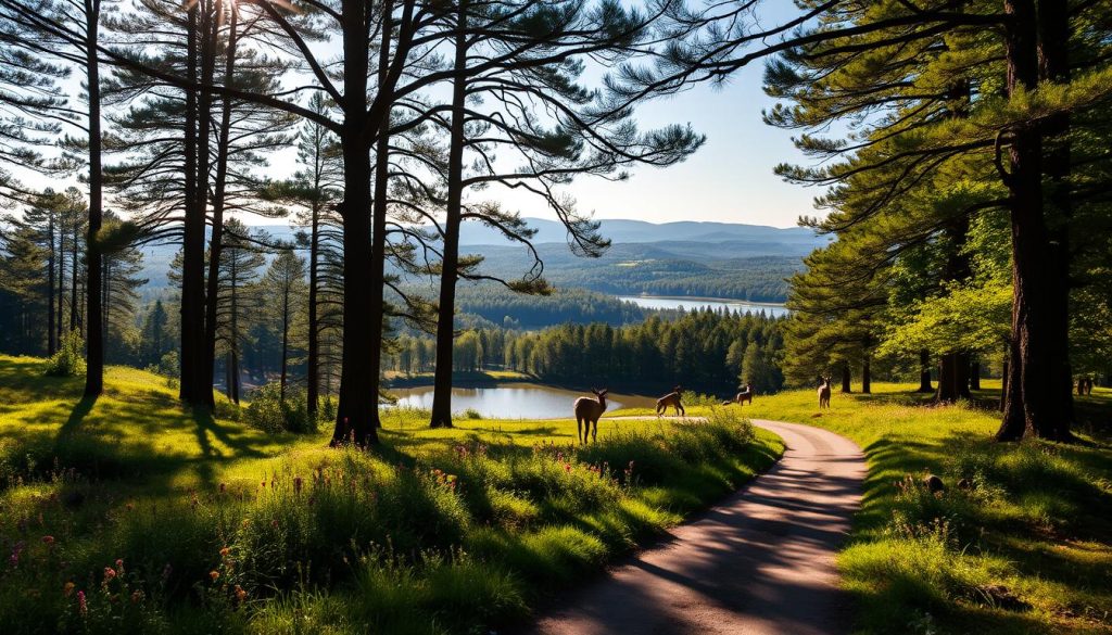 A lush, verdant landscape of De Hoge Veluwe National Park, Netherlands. Sunlight filters through the towering pine trees, casting warm, dappled shadows across the gently rolling hills. In the foreground, a winding dirt path leads the eye deeper into the park, flanked by vibrant wildflowers and the occasional grazing deer. The middle ground features a tranquil lake, its surface reflecting the surrounding foliage in a mirror-like stillness. Distant hills rise in the background, their silhouettes hazy and blurred, creating a sense of depth and scale. An atmosphere of peaceful serenity and natural harmony pervades the scene, captured with a wide-angle lens to showcase the grandeur of this protected Dutch wilderness.