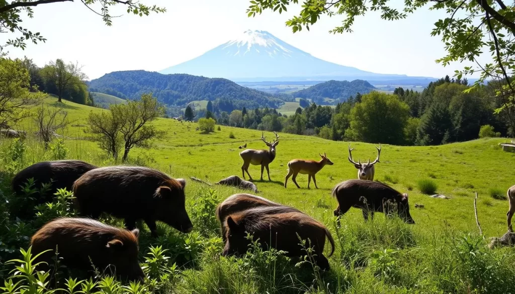 A lush, verdant landscape of the Aso-Kuju National Park in Japan. In the foreground, a family of wild boars forage in the undergrowth, their bristly coats gleaming in the soft, dappled sunlight. In the middle ground, a herd of Sika deer graze peacefully, their delicate antlers silhouetted against the rolling hills. In the distance, the majestic Mount Aso looms, its volcanic peak capped with a dusting of snow. The air is crisp and clean, filled with the chirping of birds and the rustling of leaves. A serene and tranquil scene that captures the essence of the park's abundant wildlife.