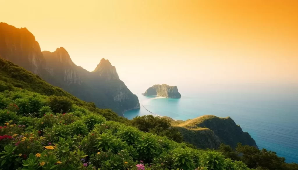 A lush, verdant landscape of the remote Bonin Islands, Japan, bathed in warm, golden sunlight. In the foreground, a rolling hill covered in vibrant green foliage and wildflowers, leading the eye towards a pristine, turquoise bay. In the middle ground, towering rocky cliffs rise up, their jagged edges softened by the ambient glow. In the background, a panoramic view of the endless Pacific Ocean, with distant islands and the hazy horizon. The scene exudes a sense of tranquility and isolation, inviting the viewer to discover this hidden paradise.