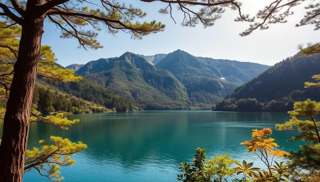 A lush, verdant landscape unfolds before the viewer, showcasing the natural splendor of Kirishima Kinkowan National Park in Japan. In the foreground, a pristine lake reflects the rugged, volcanic peaks that rise majestically in the background, their slopes cloaked in a tapestry of dense, evergreen forests. Sunlight dapples the crystal-clear waters, casting a warm, golden glow across the serene scene. Towering trees frame the vista, their branches swaying gently in a light breeze. The atmosphere exudes a sense of tranquility and wonder, inviting the viewer to immerse themselves in the park's breathtaking natural beauty.