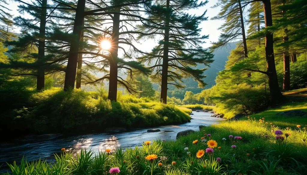 A lush, verdant landscape unfolds in Miyazaki City's tranquil nature spot. Towering evergreen trees cast gentle shadows across a serene stream, its waters glimmering under the warm, golden rays of the sun. Vibrant wildflowers dot the forest floor, their petals swaying in a gentle breeze. In the distance, rolling hills rise up, their slopes softly blanketed in verdant foliage. The scene exudes a sense of peaceful serenity, inviting the viewer to immerse themselves in the natural beauty of this Japanese gem. Capture this idyllic moment with a wide, cinematic lens, showcasing the harmonious balance between the lush flora and the soothing, sun-dappled environment.