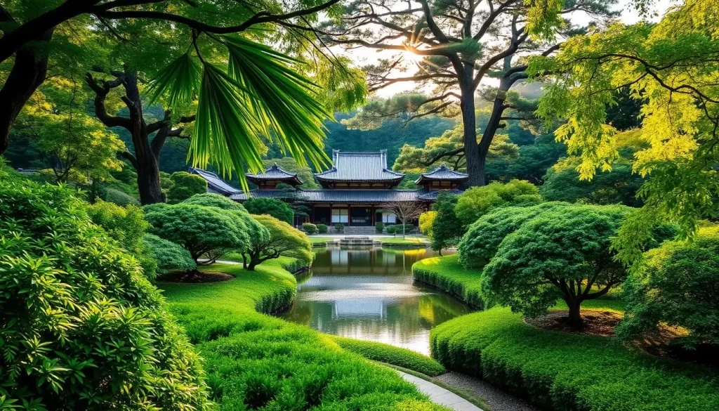 A lush, verdant landscape unfolds, the Kanazawa Kenrokuen Garden in all its glory. Vibrant greenery cascades over meticulously maintained pathways, guiding the eye towards a serene pond reflecting the surrounding foliage. Gentle sunlight filters through the canopy, casting a warm, golden glow over the scene. In the middle ground, traditional Japanese architecture stands in harmonious balance, its elegant rooflines complementing the natural beauty. Towering trees stretch towards the sky, their branches swaying softly in the breeze. The overall atmosphere exudes a sense of tranquility and timeless elegance, inviting the viewer to immerse themselves in the seasonal splendor of this iconic Japanese garden.