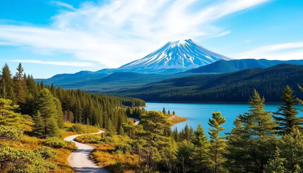 A lush, verdant landscape with a towering, snow-capped volcano in the distance, its jagged peaks piercing the azure sky. In the foreground, a pristine lake reflects the surrounding forest, its crystal-clear waters shimmering in the warm, golden light. A winding path leads through the serene woodland, inviting the viewer to explore the natural wonders of Shikotsu-Toya National Park. Capture the tranquility and breathtaking beauty of this volcanic wonderland, where nature reigns supreme.