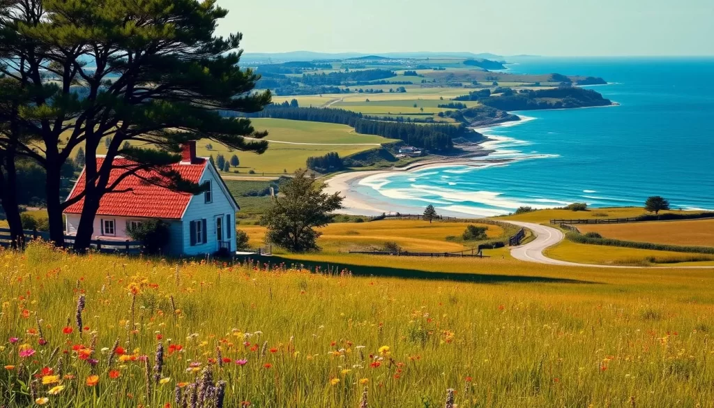 A lush, verdant meadow adorned with vibrant wildflowers stretches out before a quaint countryside cottage, its charming red roof and whitewashed walls framed by swaying trees. Bathed in warm, golden sunlight, the scene exudes a tranquil, bucolic atmosphere. In the distance, rolling hills and winding country roads lead the eye towards the cerulean expanse of the ocean, its gentle waves lapping at the sandy shoreline. The overall impression is one of serene, summertime nostalgia, perfectly capturing the timeless essence of Prince Edward Island.
