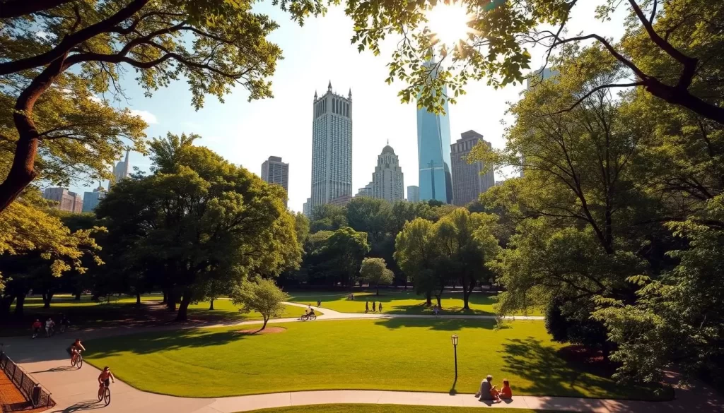 A lush, verdant oasis in the concrete jungle of New York City. Wide-angle view of a sprawling urban park, with towering skyscrapers visible in the background. Sunlight filters through the canopy of mature trees, casting a warm, golden glow over the scene. In the foreground, joggers and cyclists weave through the network of meandering paths, while families relax on the well-manicured lawns. A calm, serene atmosphere pervades the space, offering a peaceful respite from the bustling city streets beyond.