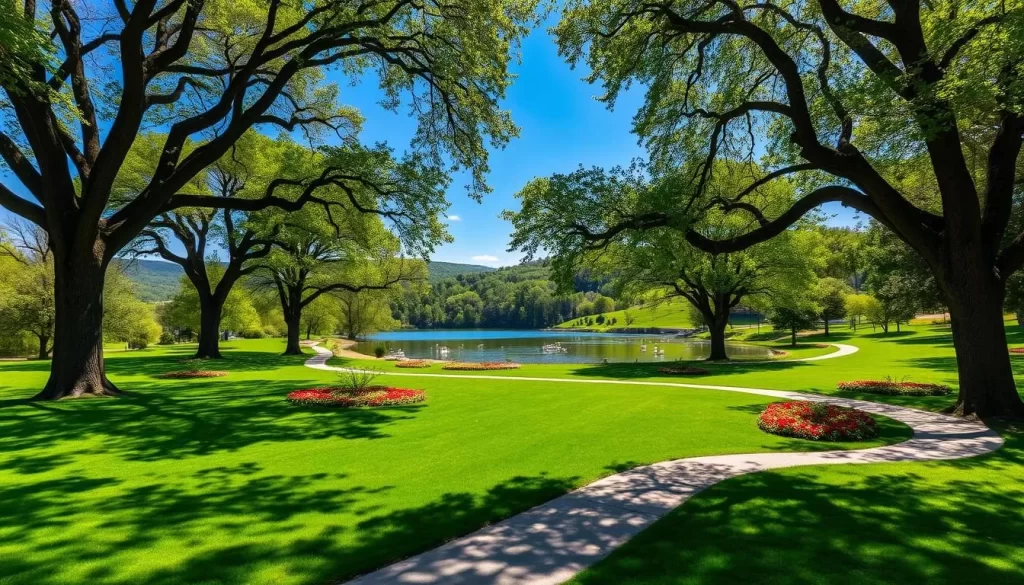 A lush, verdant park in Pancevo, Serbia, on a sunny spring day. In the foreground, a winding path winds through meticulously manicured flowerbeds and vibrant green lawns. Towering oak trees cast dappled shadows, their leaves rustling gently in the light breeze. In the middle ground, a tranquil pond reflects the azure sky, dotted with waterfowl gliding across the surface. The background is framed by a backdrop of rolling hills, their slopes covered in a patchwork of forests and meadows. The scene exudes a sense of peaceful serenity, inviting visitors to immerse themselves in the natural beauty of this serene green retreat.