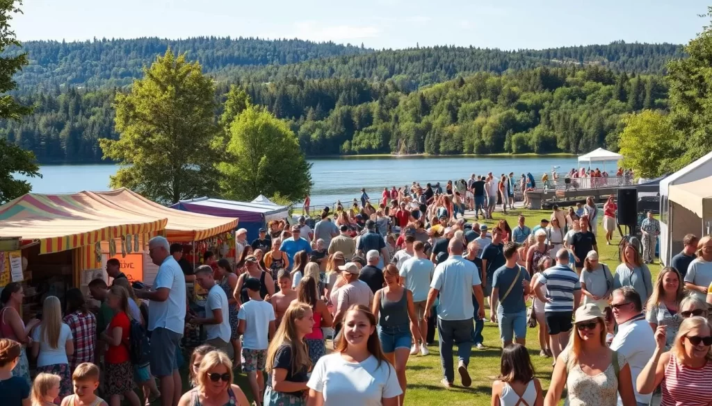 A lush, verdant scene of Cedar Lake in summertime, with families and friends gathered for vibrant festivals. In the foreground, colorful food stalls, artisan vendors, and live music performers captivate the crowd, their energy palpable. Further back, people stroll along the lake's shore, taking in the serene waters and the distant forested hills. Warm, golden sunlight bathes the entire tableau, creating a sense of joy and celebration. The atmosphere is one of community, culture, and connection, perfectly capturing the spirit of Cedar Lake's summer festivities.