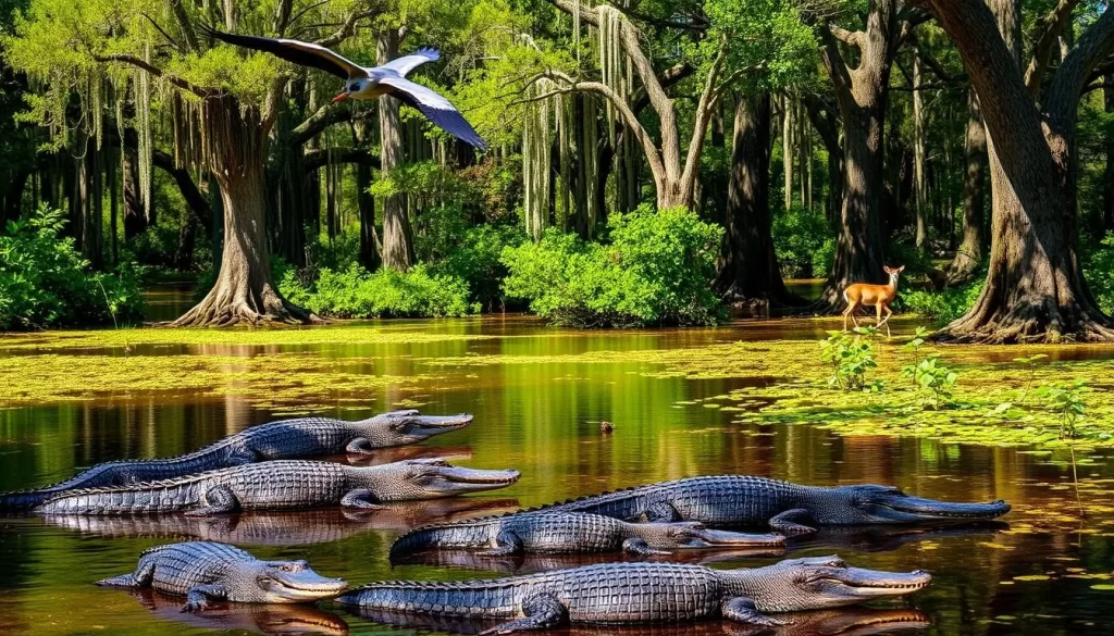 A lush, verdant scene unfolds in the Honey Island Swamp of Louisiana. In the foreground, a family of American alligators basks in the warm sunlight, their scaly hides glistening. Overhead, a great blue heron soars gracefully, its long neck outstretched as it scans the waters for prey. In the middle ground, cypress trees draped in Spanish moss stand tall, their knobby roots submerged in the tranquil, amber-hued waters. Deeper into the swamp, glimpses of white-tailed deer can be seen among the thick vegetation, their delicate movements betraying their presence. The overall scene is one of harmonious coexistence, a serene and lush ecosystem teeming with diverse wildlife.